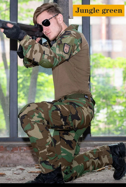 Men’s Camo Tactical Uniform Set | Ripstop Airsoft Suit with Multi-Pocket Pants & Training Shirt for Hunting or Paintball