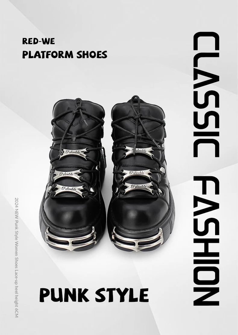 2024 New Punk Style Women's Platform Shoes – 6CM Lace-Up Gothic Ankle Boots with Metal Decor