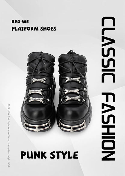 2024 New Punk Style Women's Platform Shoes – 6CM Lace-Up Gothic Ankle Boots with Metal Decor