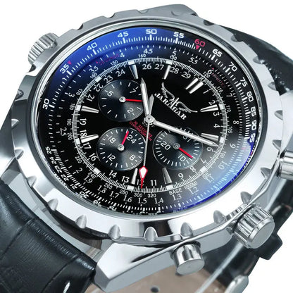 JARAGAR Pilot Mechanical Watch for Men – Multifunctional Small Dials, Leather & Steel Strap, Sports Military Automatic Watch