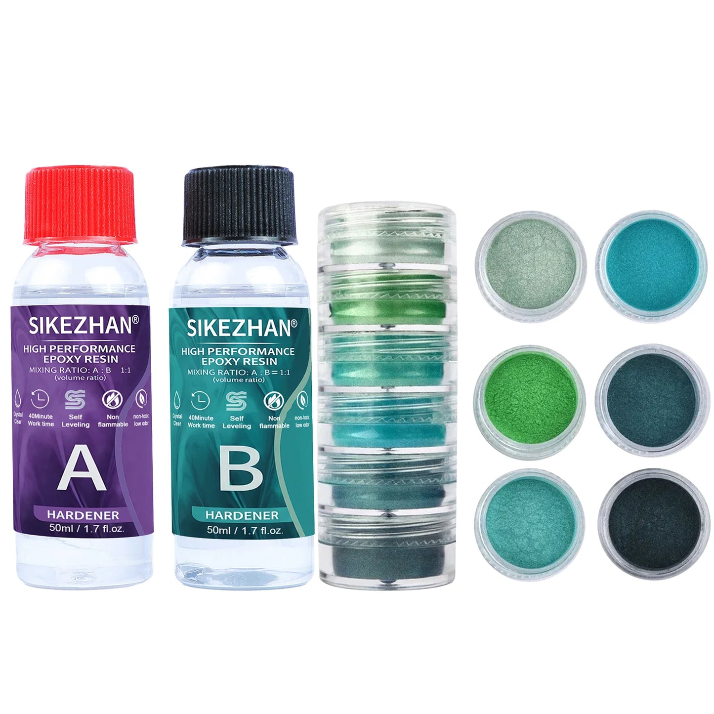 Crystal Clear Epoxy Resin Kit - AB Resin Glue with 6 Color Mica Powder for DIY Jewelry, Nail Art, Soap & Craft Casting