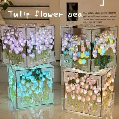 DIY Tulip Flower Sea Cube Night Lamp – 3D Creative Material Kit for Couples