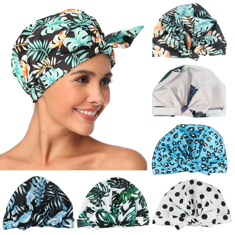 Stylish Waterproof Shower Cap - Striped Bath Cap with Adjustable Elastic Band for Women with Long Thick Hair