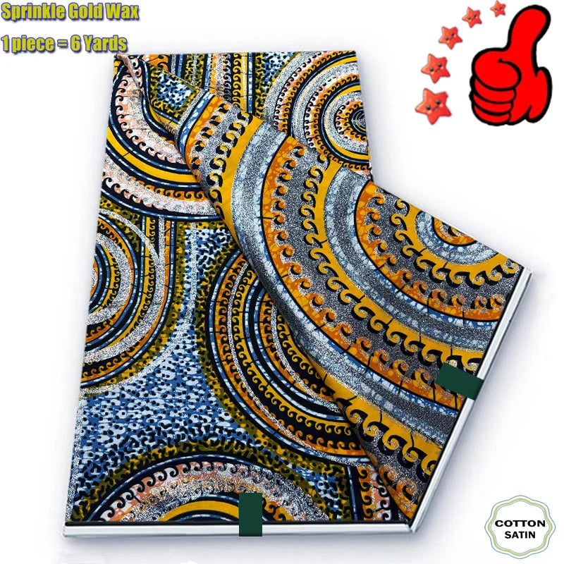Soft Glitter Golden Wax Fabric - 100% Cotton Ankara Flash Gold Print Batik African Fabric for Nigerian Fashion Sewing & Crafting