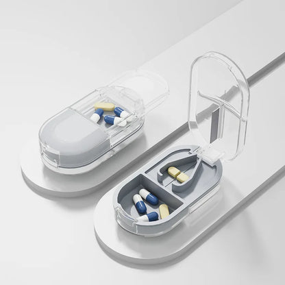 2-in-1 Pill Cutter with Invisible Storage Box – Portable Mini Tablet & Medicine Crusher, Dustproof Divider Organizer
