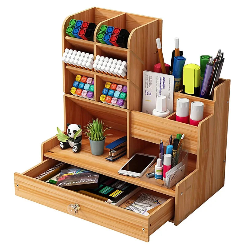 Wooden Desk Organizer – Large Capacity DIY Desktop Pen Holder with Drawer for Home, Office, and School Stationery Storage