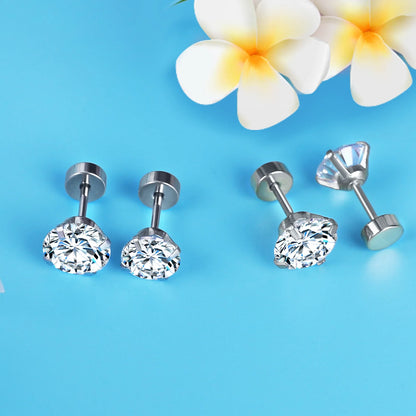 LUXUSTEEL Stainless Steel Crystal Stud Earrings –  4-Prong Cubic Zirconia Round Tragus Earrings for Women & Men