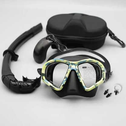 Freediving Mask with Camera Mount - Two-Window Tempered Glass Waterproof Anti-Fog Snorkeling Mask
