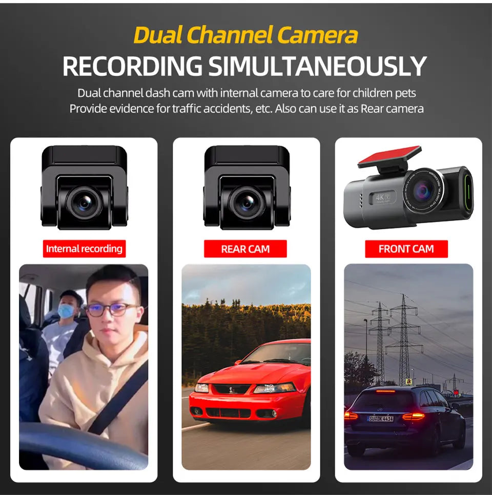 Dual Lens Dash Cam 4K UHD – Car Camera DVR with Night Vision, Wi-Fi, GPS, 24H Parking Monitoring