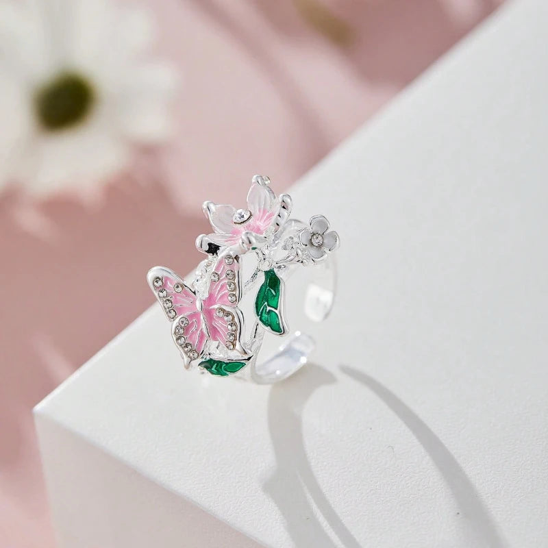 Flower Butterfly Ring - Romantic Rhinestone Adjustable Jewelry for Women, Weddings & Gifts