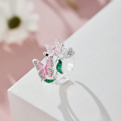 Flower Butterfly Ring - Romantic Rhinestone Adjustable Jewelry for Women, Weddings & Gifts
