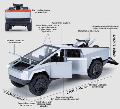 1:24 Cybertruck Model Silver Diecast Pickup Toy Car with Sound & Light for Kids 3+