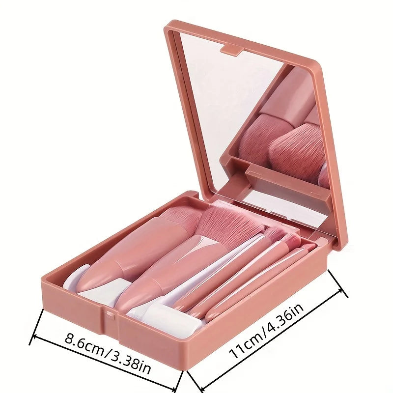 5Pcs Portable Makeup Brush Set - Foldable Travel Kit with Mirror Mini Cosmetic Brushes for Beauty On The Go