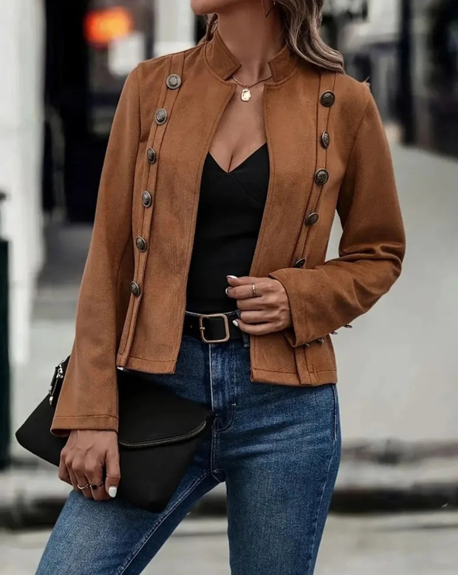 Vintage Women's Black Double-Breasted Jacket Coat – Casual Long-Sleeve Deerskin Fashion for Fall & Winter