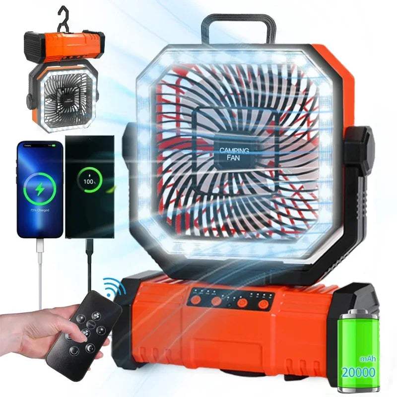 20000mAh Rechargeable Camping Fan - 360° Rotating Hanging Tent Fan with Hook for Outdoor, Fishing & Desk Use