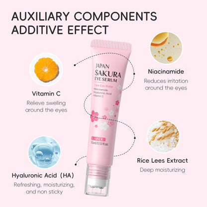 LAIKOU Sakura Eye Serum Roller — Hyaluronic Acid Moisturizing Cream for Eye Bags & Dark Circles, 15ml