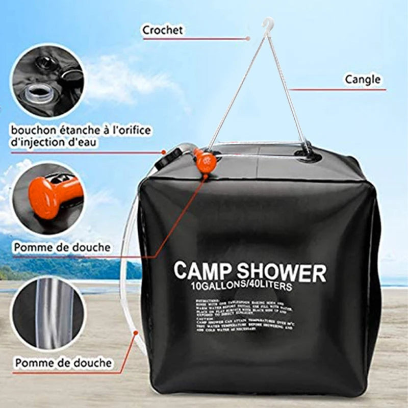 40L Solar Power Camping Shower Bag: Fast Heating Shower Head - Water Storage Bag for Camping, Fishing, Hiking, Bathing