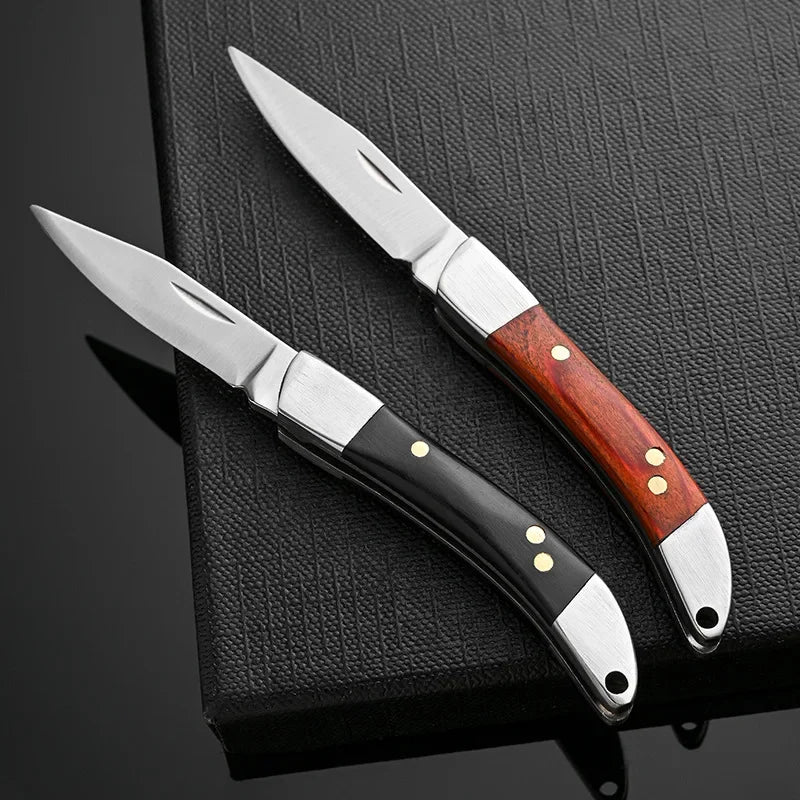 2024 Outdoor Camping Pocket Mini Folding Knife - Stainless Steel Blade, Wooden Handle, Keychain EDC Tool