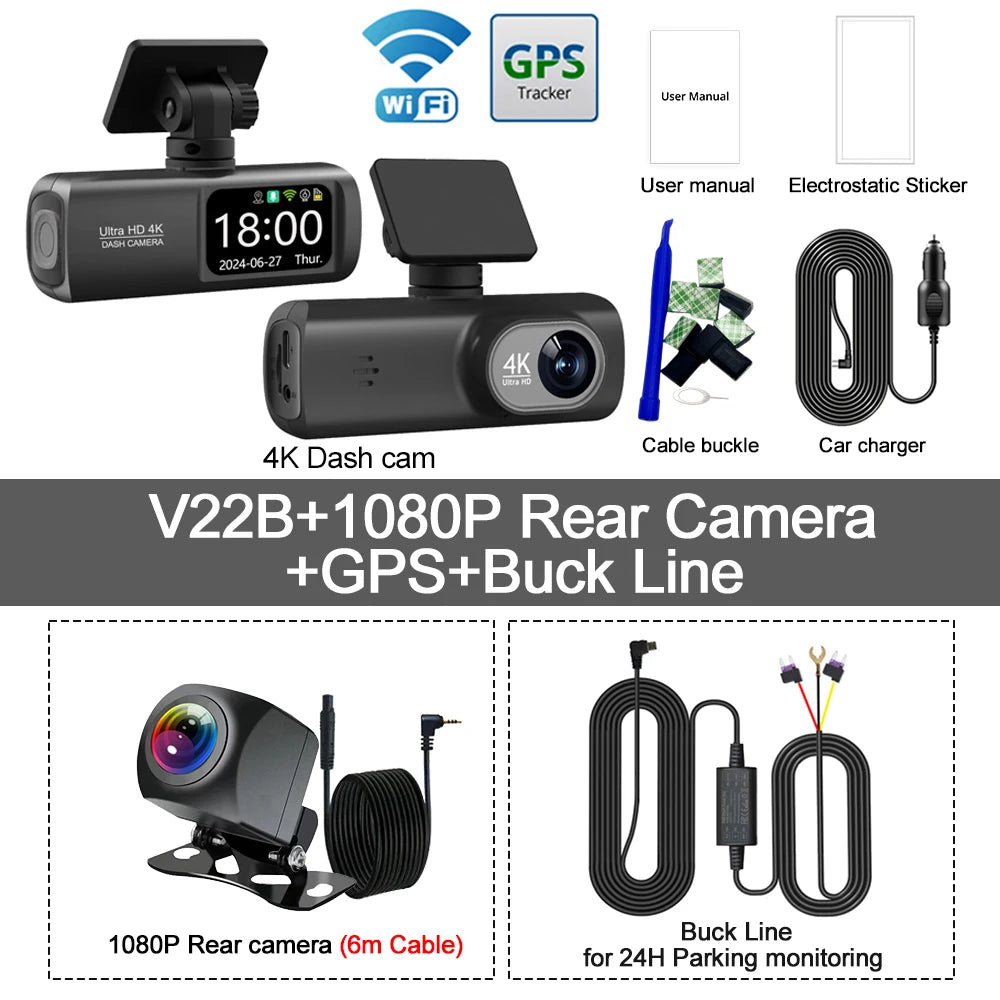 UHD 4K Dash Cam Dual Lens – 1080P Rear Lens, Built-in WiFi, GPS, 24-Hour Parking Monitoring Car DVR