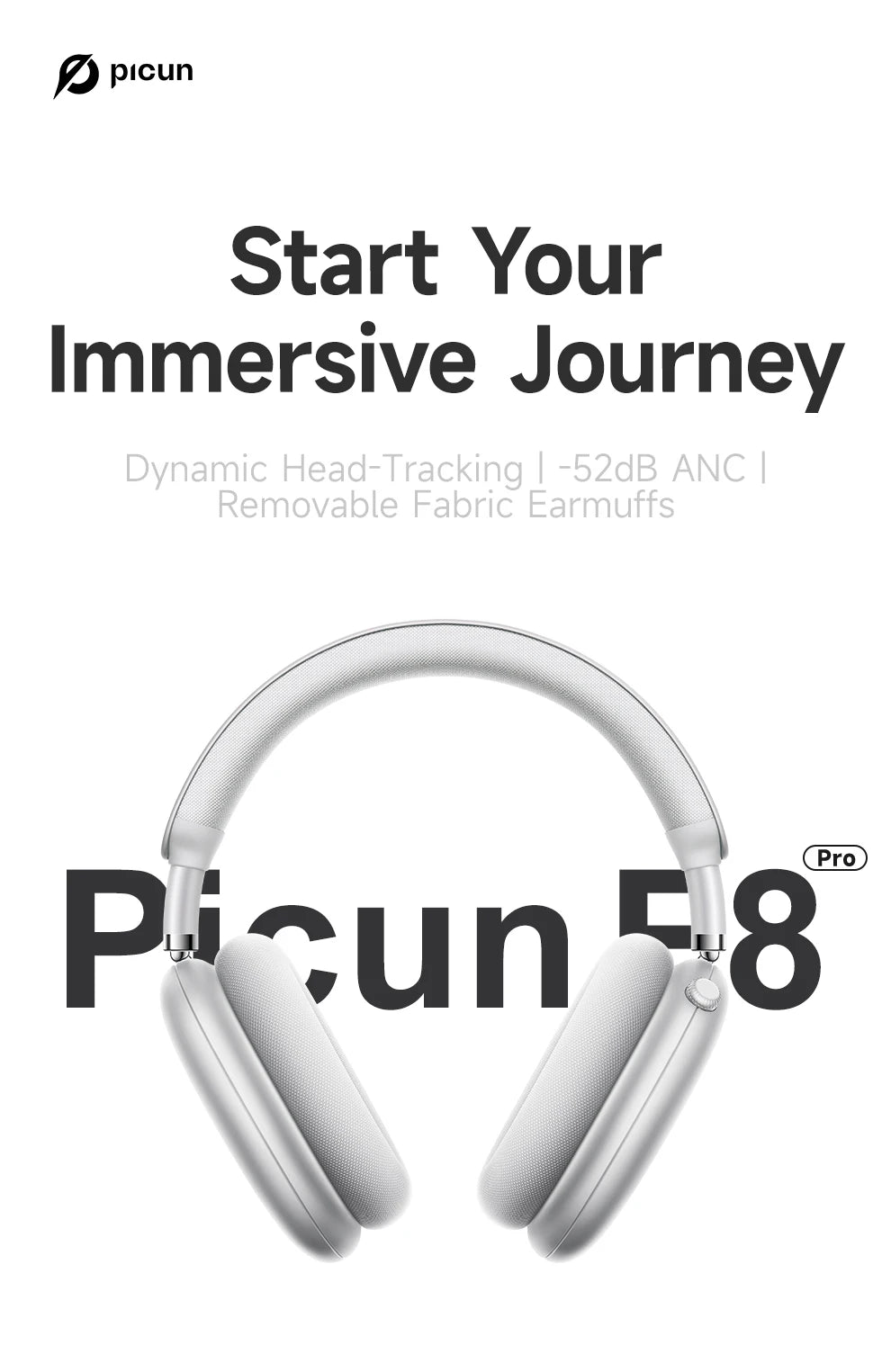 Picun F8 Pro ANC Wireless Headphones — Head Tracking 3D Audio, HIFI Bluetooth, ENC Mic, Low-Latency with App