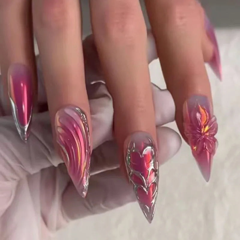 24PCS Strawberry Bow Press On Nails - Red Short Almond Pearl Starlight Floral False Nail Art Tips