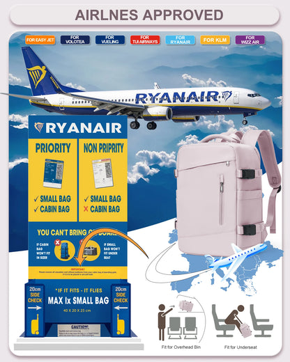 Women’s & Men’s Travel Backpack – Cabin Bag 40x20x25cm for Ryanair, Wizzair & Airplane Carry-On