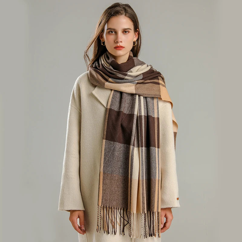 Warm Cashmere Blanket Scarf for Women - Fashionable Plaid Pashmina Shawl with Tassels, Thick Winter Wrap, Casual Poncho