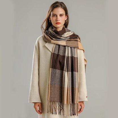 Warm Cashmere Blanket Scarf for Women - Fashionable Plaid Pashmina Shawl with Tassels, Thick Winter Wrap, Casual Poncho