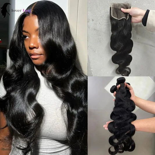 24 Inch Body Wave Bundles with Closure – Brazilian Hair Weave, 3 Bundles with 4x4 Closure, Natural Human Hair