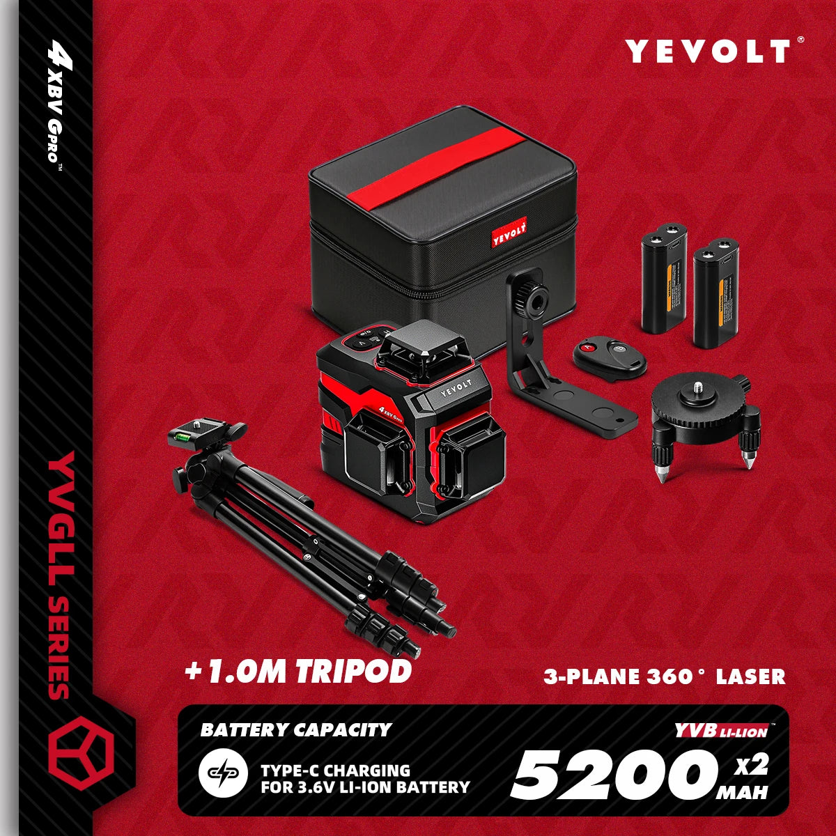 YEVOLT YVGLL4XS12 12-Line Green Laser Level – ±0.2mm/m Precision, IP54 Waterproof, Auto-Leveling with Slope Mode