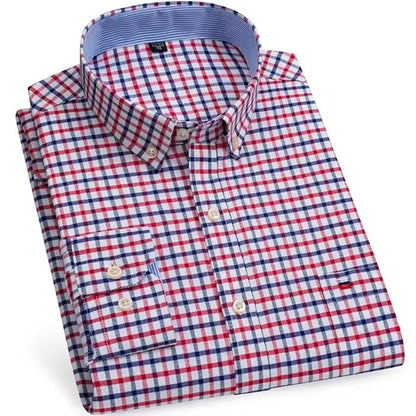 Men’s Checkered Oxford Shirt - Long Sleeve Cotton Button Down Gingham Top with Single Pocket 6XL-7XL