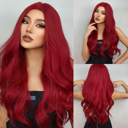 Long Pink Wavy Wig for Women — Middle Part Synthetic Hair, Heat-Resistant, Natural-Looking Cosplay Wig