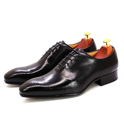 Men’s Genuine Leather Oxford Shoes - Whole Cut Pointed Toe Lace-Up Formal Business and Wedding Dress Shoes