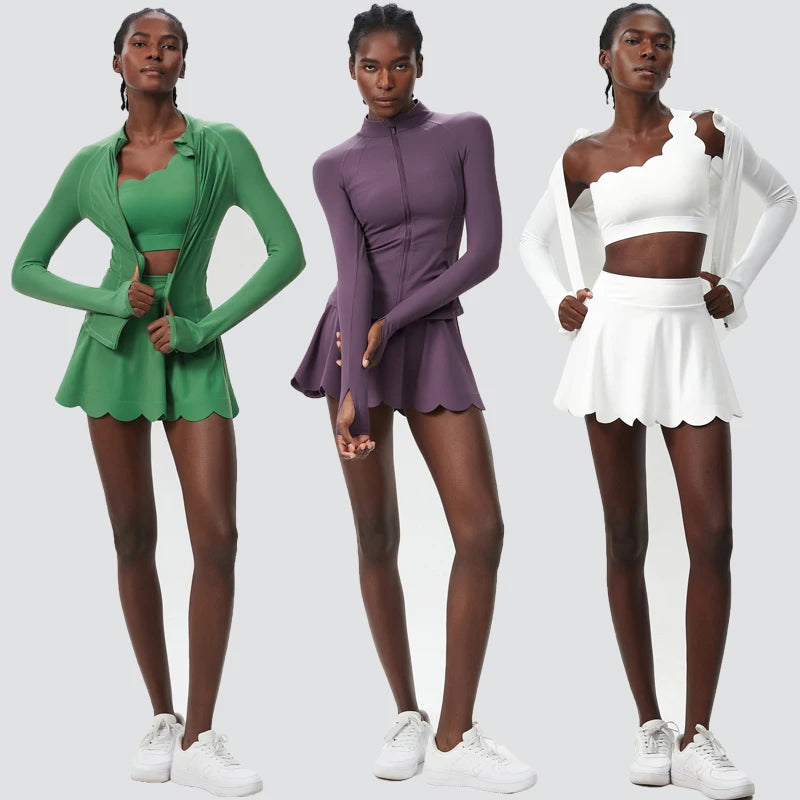 3-Piece Women’s Fitness Yoga Set – Breathable Quick-Dry Gym & Running Sportswear with Tennis Skirt