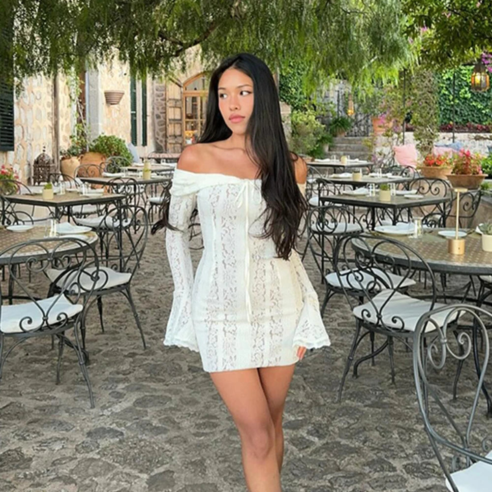 Suninheart White Off-Shoulder Bodycon Dress – 2025 Elegant Lace Long Sleeve Maxi Dress for Women, Wedding Guest Outfit