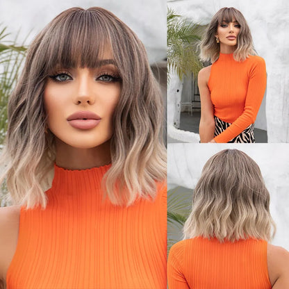 Women’s Grey Wavy Bob Wig with Bangs — Short Blonde Ombre Synthetic Hair with Dark Roots for Daily Wear