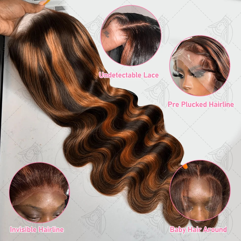 30 Inch Brazilian Body Wave Highlight Ombre Wig – 13x4 Lace Front, 1B/30 Black Brown Human Hair Wig for Women