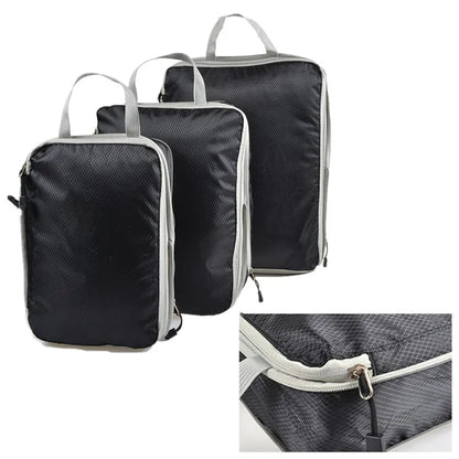3-Piece Compressible Waterproof Nylon Packing Cubes Set – Portable Travel Storage Bags with Handbag Luggage Organizer