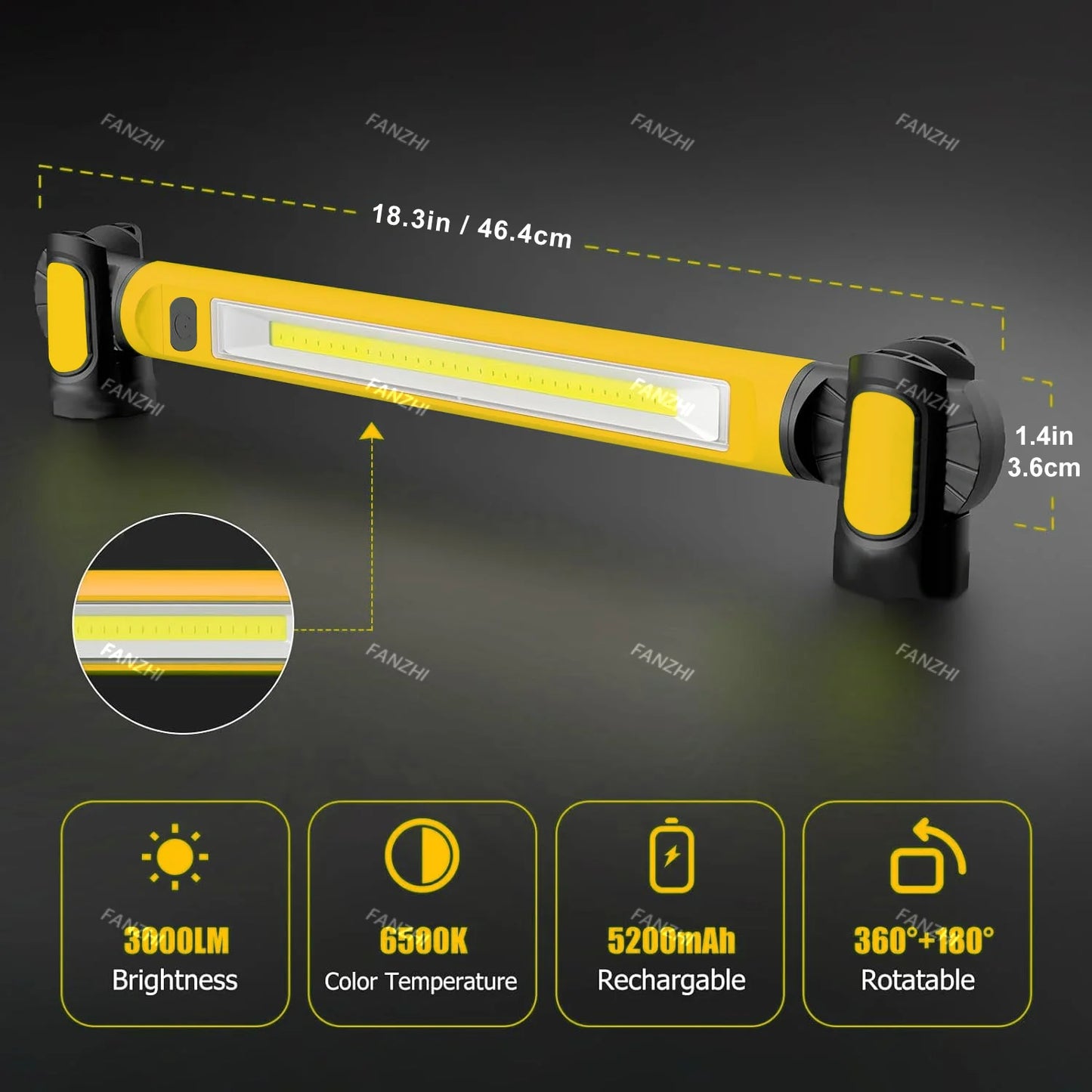 Super Bright Magnetic Work Light - 5200mAh Rechargeable Battery, Underhood Work Lamp Bar for Car Repair and Outdoor Lighting