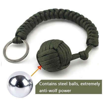 Outdoor Self-Defense Umbrella Rope with Monkey Fist Steel Ball - Paracord Survival Key Chain for Safety