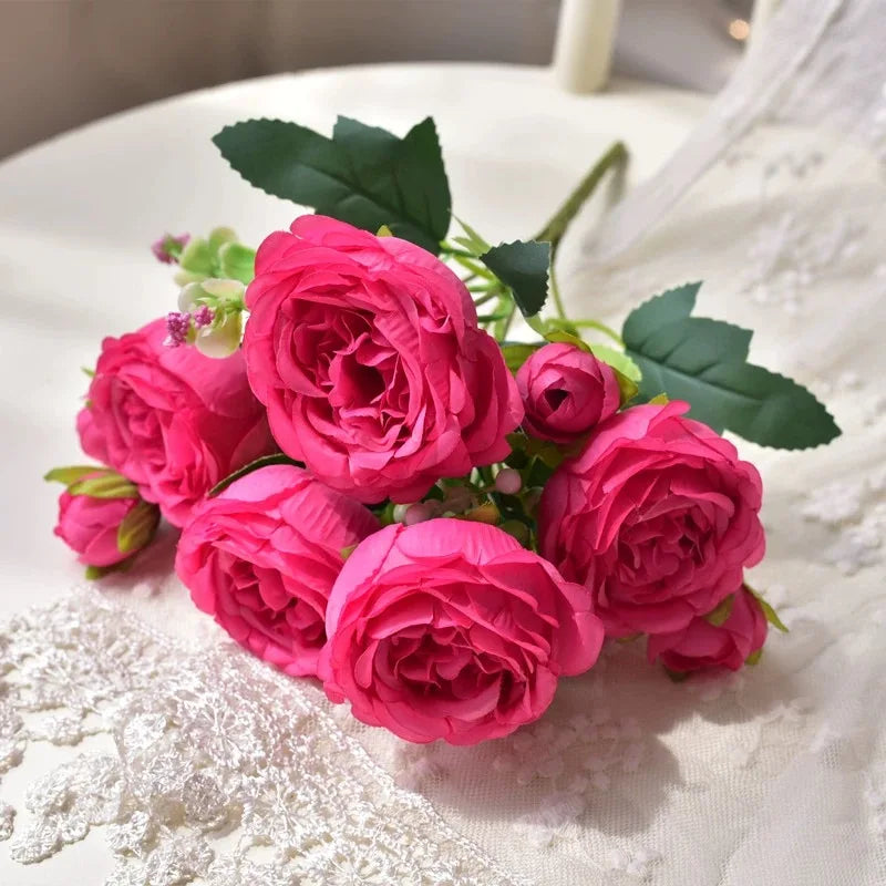 30cm Rose Pink Peony Silk Bouquet Artificial Flower, 5 Big Heads & 4 Small Buds for Wedding & Home Decor
