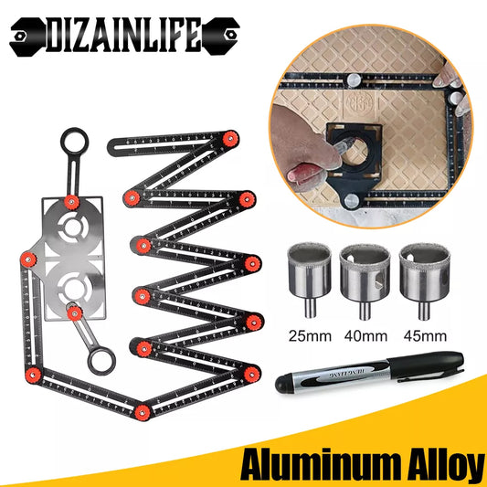 Aluminum Alloy Multi-Angle Ruler Finder: Measure Ruler with 2 Drill Tile Hole Locator - Essential Construction Tool for Craftsmen