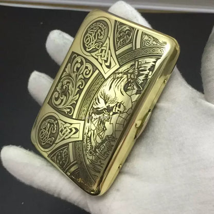 Retro Brass Cigarette Case - Double Gun Carved Pattern, Durable Anti-Pressure Tobacco Storage Box, Men’s Smoking Accessory