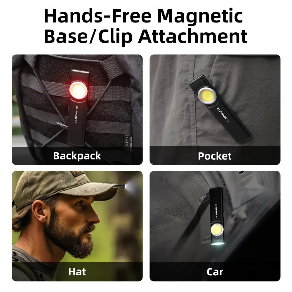 Klarus E5 COB Flashlight – Magnetic Dual Light Torch with 8 Lighting Modes, USB-C Rechargeable EDC Strobe for Emergency Use