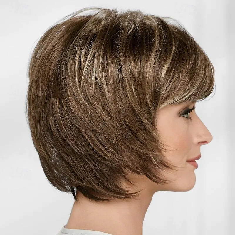 HAIRJOY Short Straight Synthetic Wig for White Women – Mixed Brown Wig with Bangs, Natural-Looking Short Hair