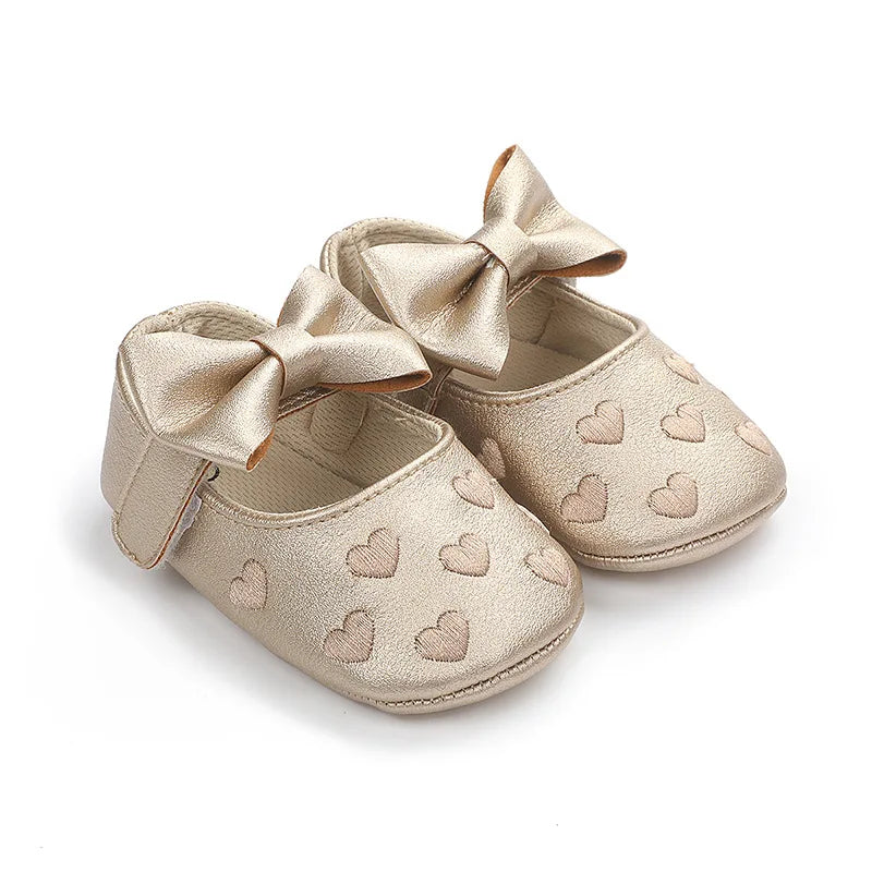 Baby Girls Shoes - Classic Dress Style with Cute Bow-Knot Heart, Anti-Slip Soft Sole First Walkers for Infants 0-18m