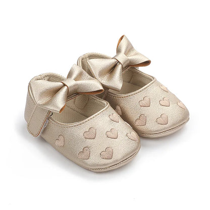 Baby Girls Shoes - Classic Dress Style with Cute Bow-Knot Heart, Anti-Slip Soft Sole First Walkers for Infants 0-18m