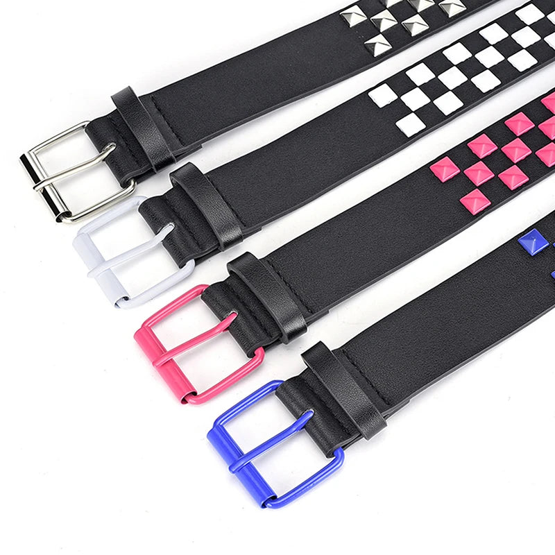 Personalized Rivets Checkerboard PU Leather Belt – 107CM Universal Hip-Hop Punk Fashion Belt for Men & Women