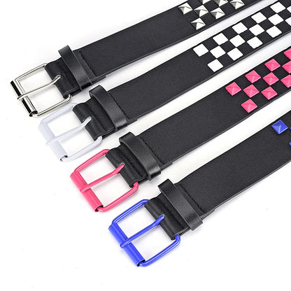 Personalized Rivets Checkerboard PU Leather Belt – 107CM Universal Hip-Hop Punk Fashion Belt for Men & Women