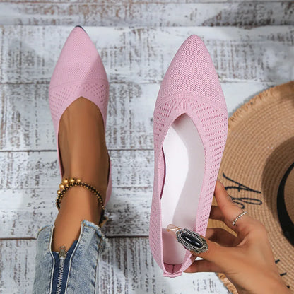 Women’s Pointed Toe Flat Shoes – Solid Color Knitted Slip-On Ballet Loafers, Casual & Breathable Ladies Shoes